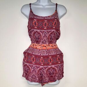 Flowy & Fun: Forever 21 Red Orange Paisley Jumpsuit Romper Size Medium
